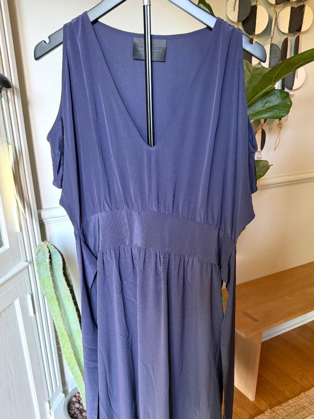 No. 6 long open shoulder purple/blue silk dress with belt - size 2 (M)